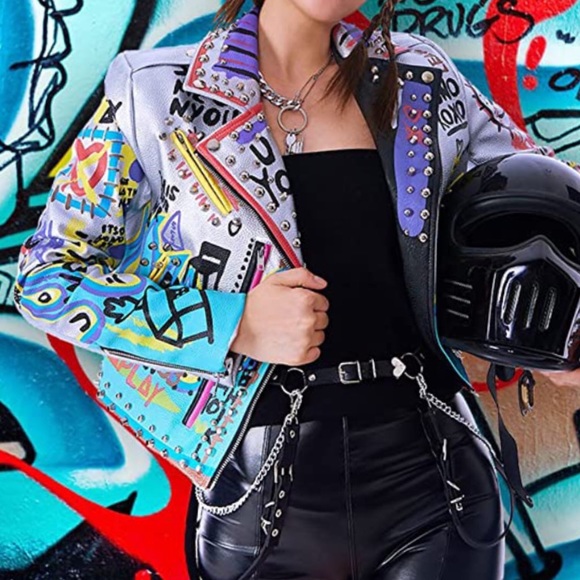 ❌SOLD❌ NWT Graffiti Punk, Rock & Roll Multi Color Graphic Spike & Rivet Moto,XL - Picture 15 of 16